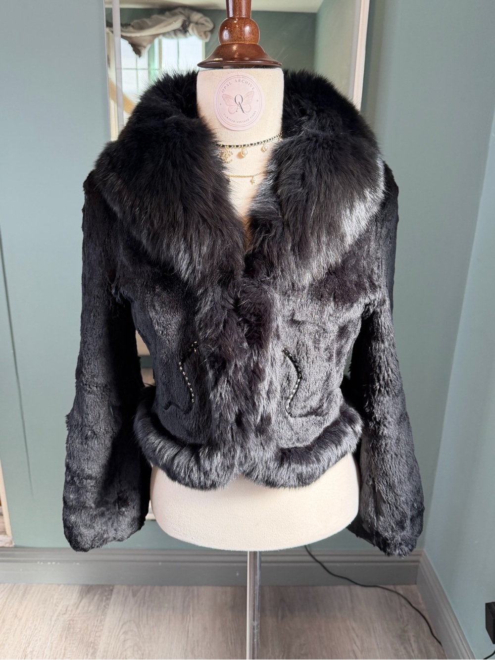 Vintage Black Rabbit Fur Fox Fur Trim Cropped Fitted Jacket Y2K XS/S